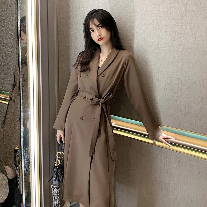 

Vintage Elegant Women Trench Coat Brown Double Breasted Long Overcoat Casual Korean Fashion Autumn Women's Jacket New MM60WFY