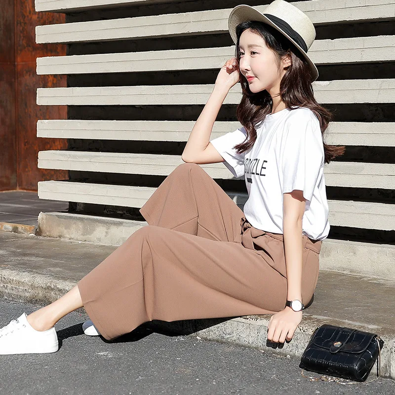 

Wide-legged Pants Women's Spring Autumn Korean Version of Loose Chiffon Casual Straight Nine Points High-waisted Women's Pants
