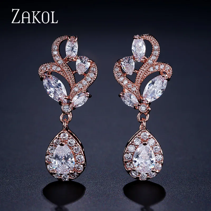 Модные серьги капельки ZAKOL с фианитом в виде маркиза изысканные свадебные
