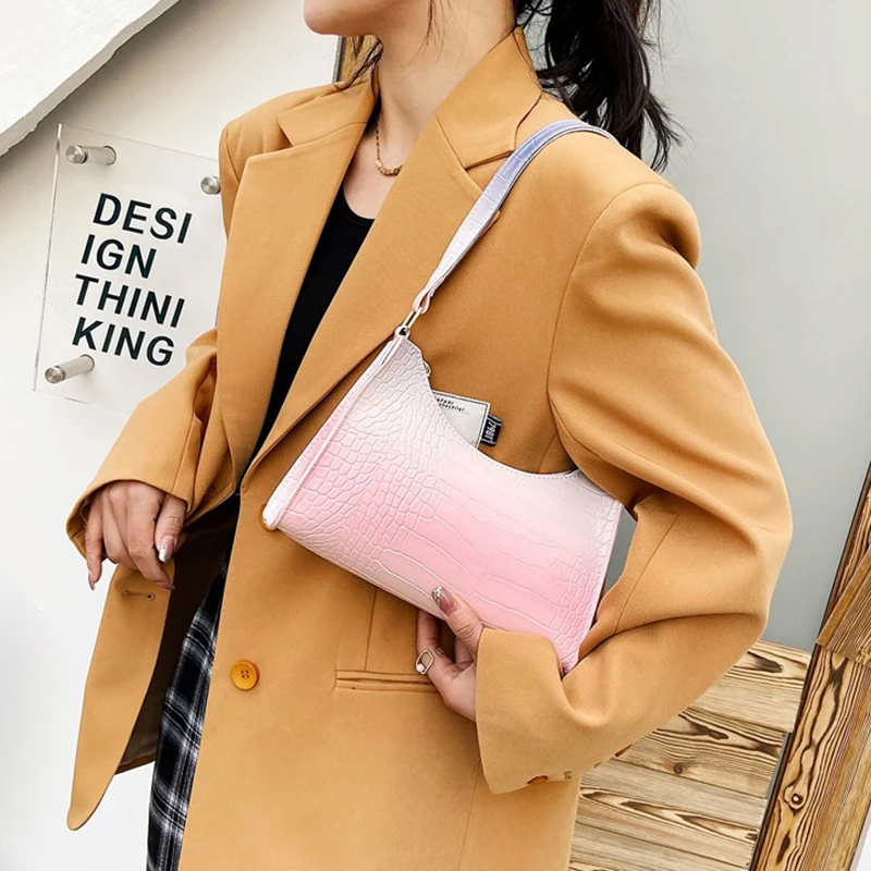 

2021 New Design Fashion Rainbow Gradient Frog Women's Totes Shoulder Bags Crocodile Pattern Shopping Bag PU Leather Handbags