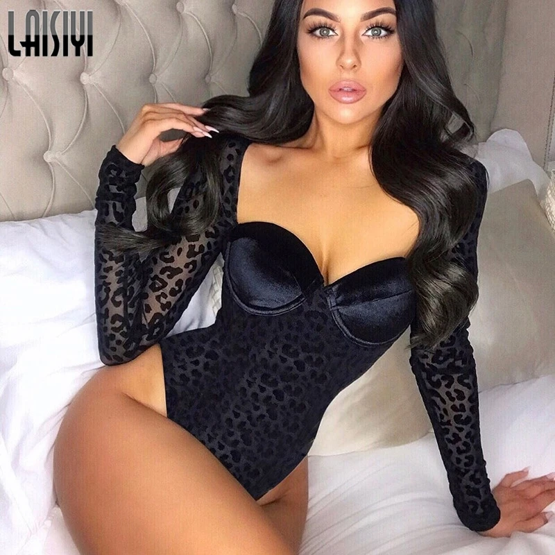 Женское Сетчатое боди LAISIYI леопардовое пикантное черное с квадратным вырезом и
