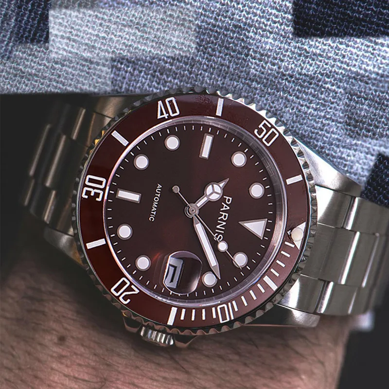 Мужские автоматические механические часы Parnis красные 40 мм с керамическим