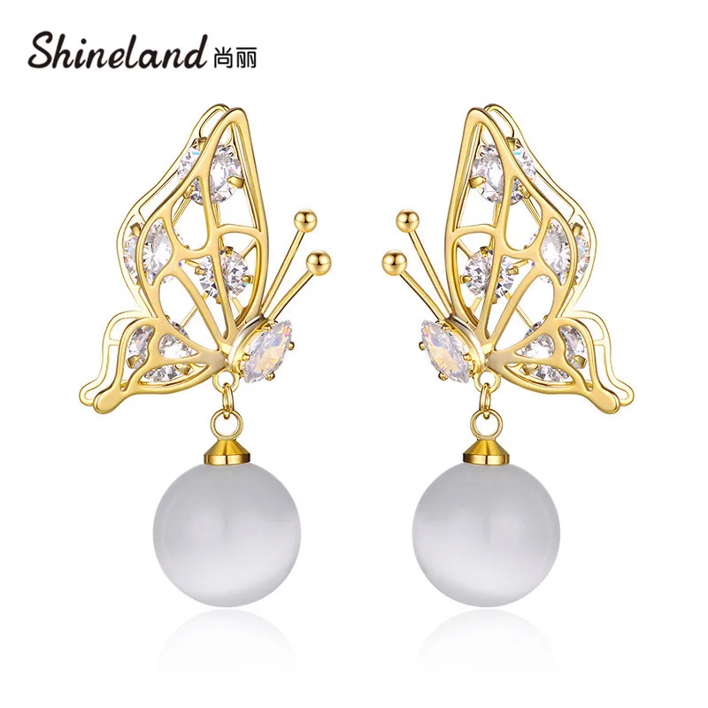 

Shineland Fashion Luxury Big Butterfly Crystal Drop Earrings Cute Opal Stone Ball Dangle Earring Charm Jewelry for Women Gift