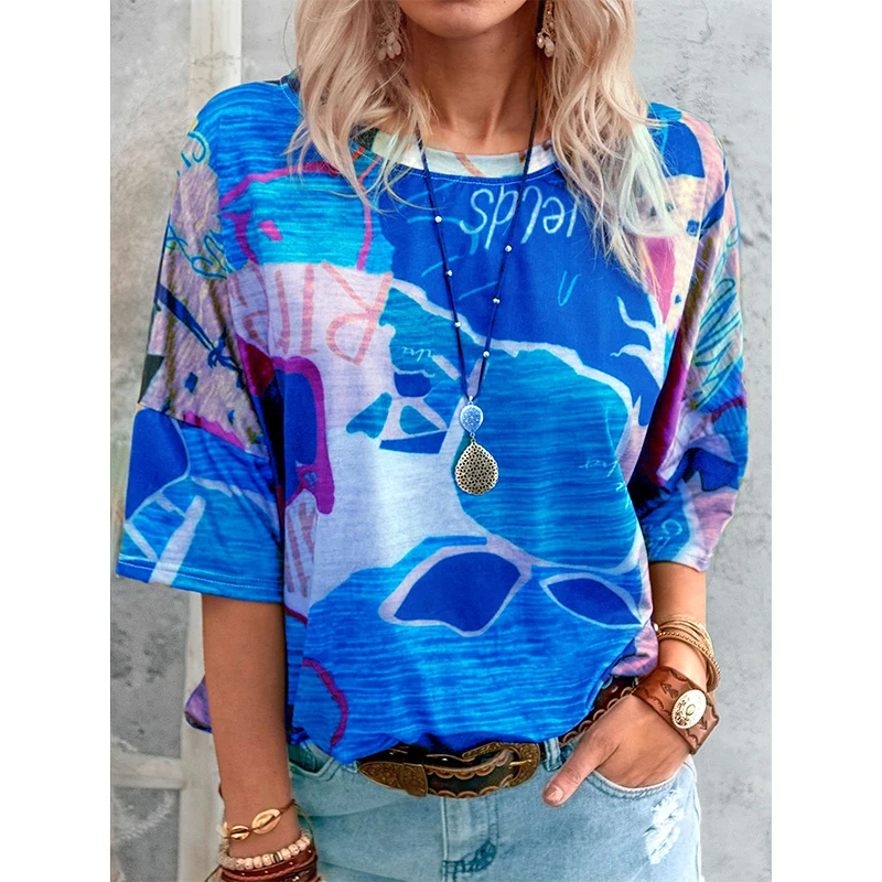 

Fashion Trend Hedging Women's Casual Map Printing Personality T-shirt Round Neck Wholesale Casual Lazy Style Tops Great