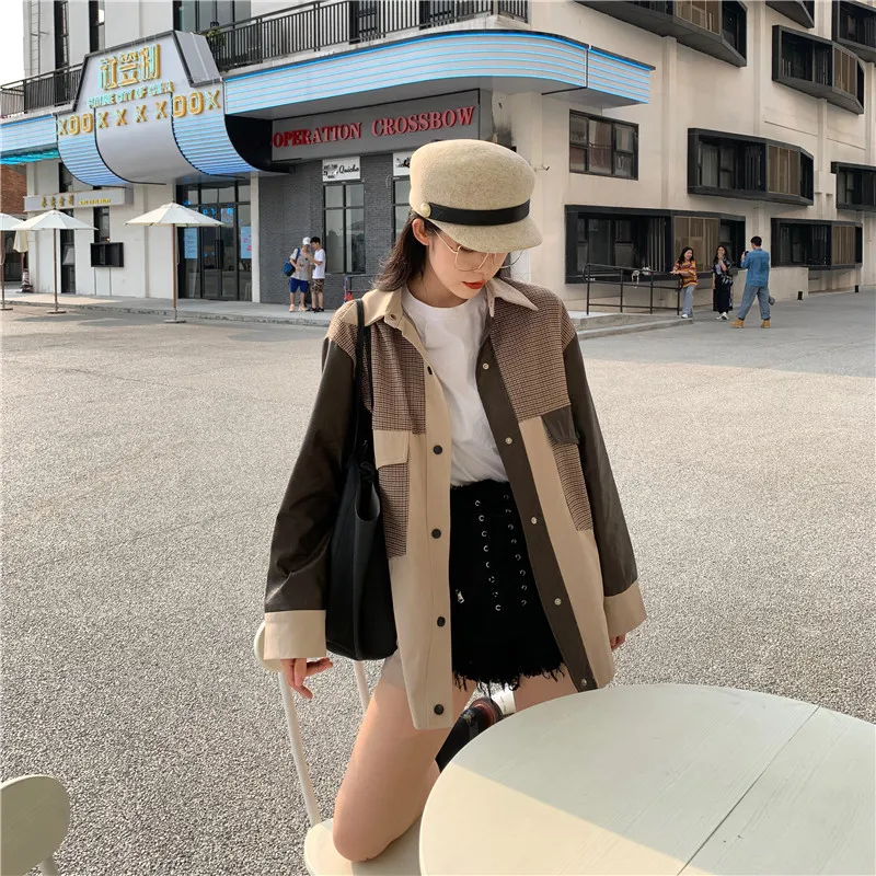 Коробов Harajuku хит Цвет куртка для женщин в стиле пэчворк клетку с длинным рукавом