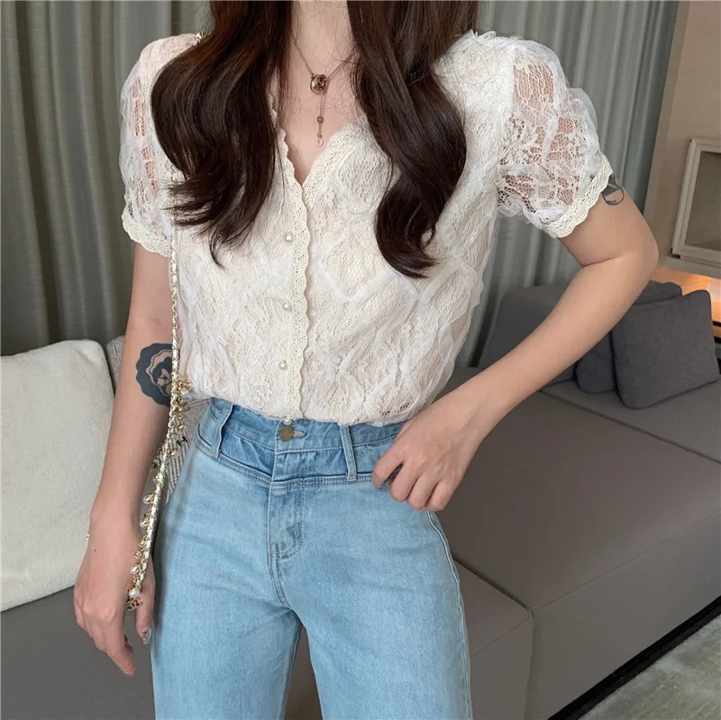 

Lace Ulzzang V-neck Tops Women Korean Fashion Brands Sexy Blouses Ladies Shirts Vetement Femme Women's Clothing Shirts New