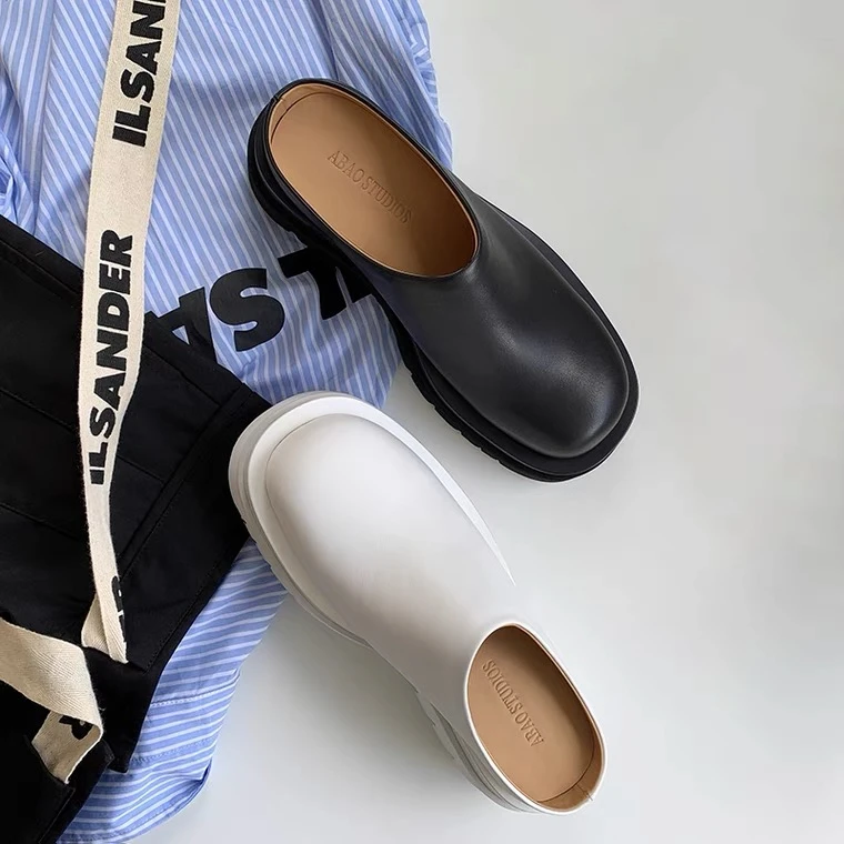 

Women Slippers Summer Fashion Closed Toe Leather Shoes Loafers High Platform Slippers Women Black High Heels Zapatillas Mujer