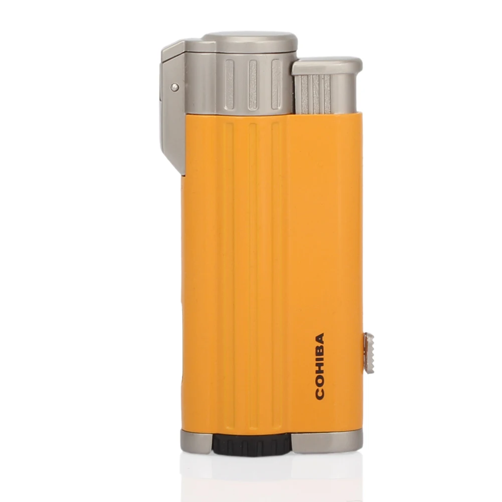COHIBA карманные зажигалки для сигар 3 струйный фонарь ветрозащитная зажигалка бутан металлическая портативная Зажигалка для прикуривателя многоразовая W/Подарочная коробка - Цвет: YELLOW
