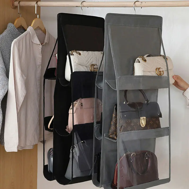 Clear Hanging Purse Handbag Tote Bag Storage Organizer Closet Rack 6 Pockets Shelf Holder Wardrobe | Багаж и сумки