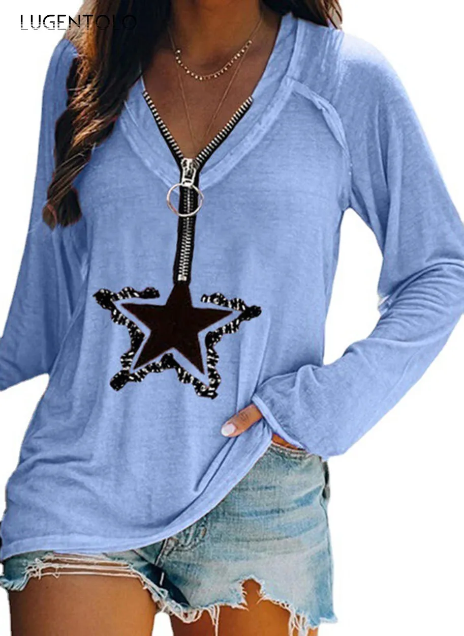 

Футболка Lugentolo Женская с длинным рукавом, повседневный топ на молнии, с V-образным вырезом, с принтом пятиконечной звезды, Модная тонкая Своб...