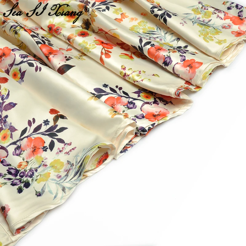 

Seasixiang Fashion Designer Summer Suit Women Turn-down Collar Short Sleeve Shirt Top + Floral Print Long Skirt Two Piece Set