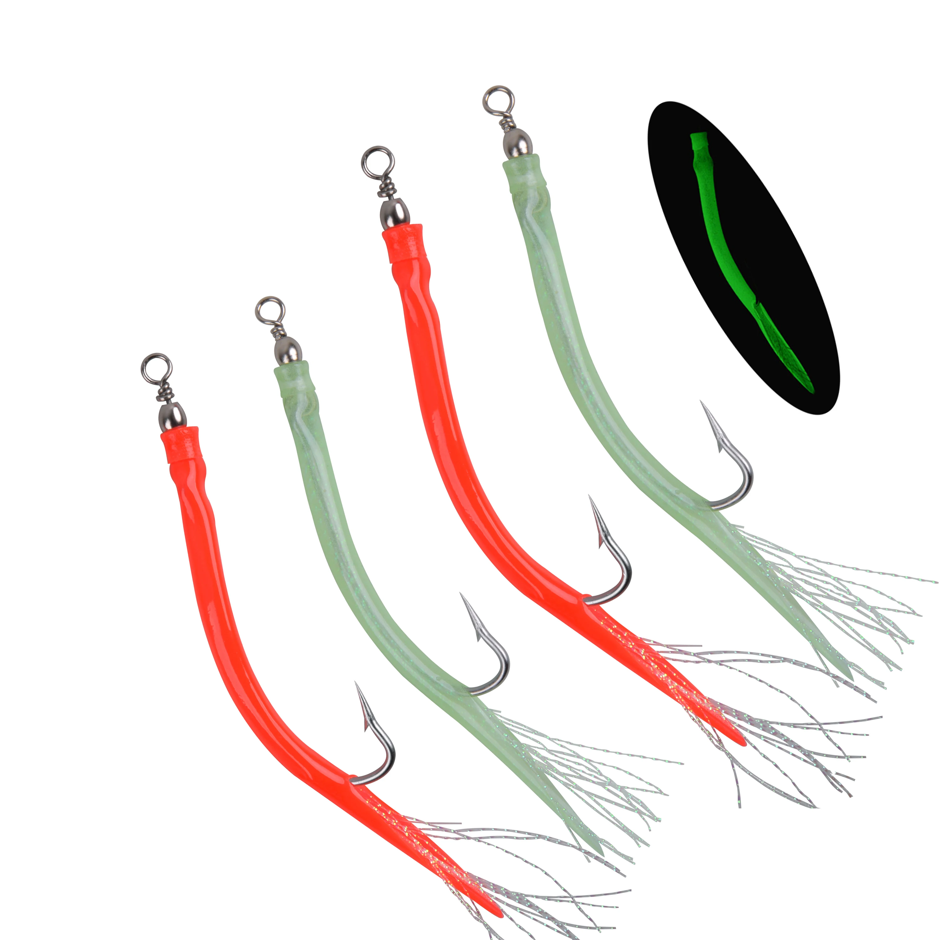 

12Pcs Long shank striped Bass fishing lure Sand Eel lure offset hook Luminous Silicone Tube Flash Cod Teaser bait rigs