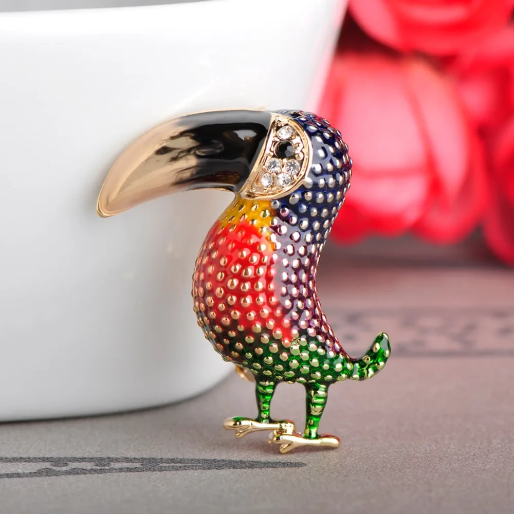 

Funmor Colorful Enamel Toucan Woodpecker Brooches Corsage Gold-color Women Men Crystal Suit Lapel Pins Bird Animal Brooch Joias
