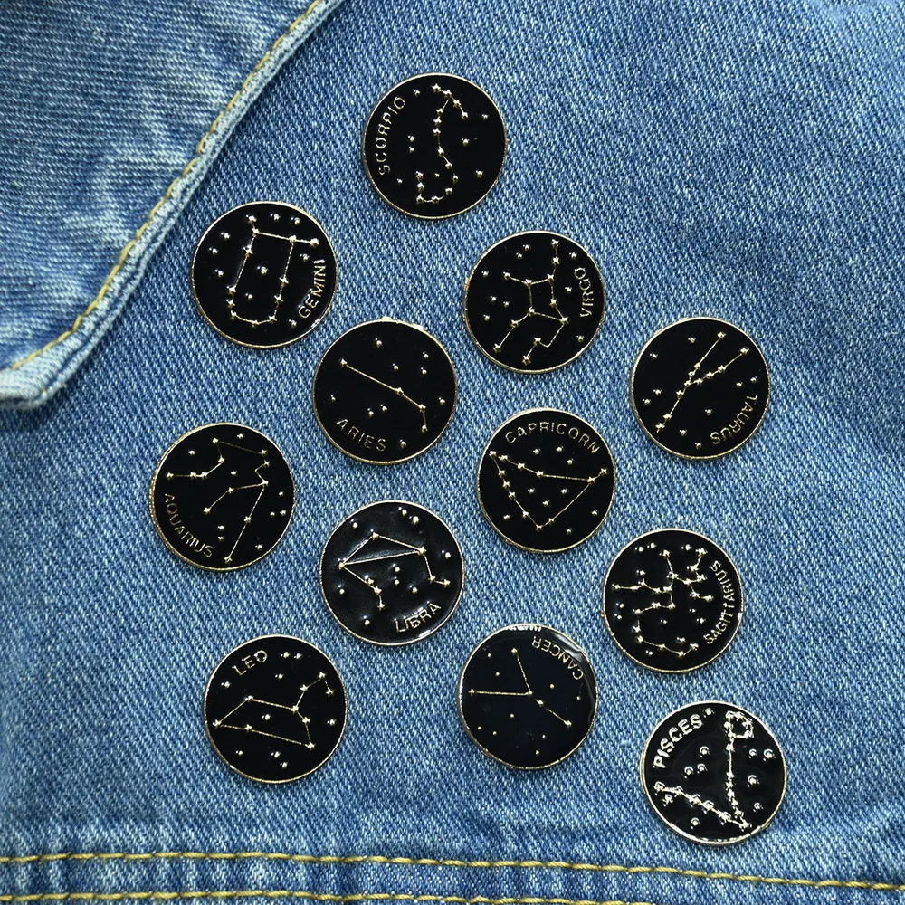 

Creative 12 Constellation Badge Star Zodiac Sign Horoscope Leo Libra Virgo Enamel Brooch Personality Lapel Backpack Pins Jewelry