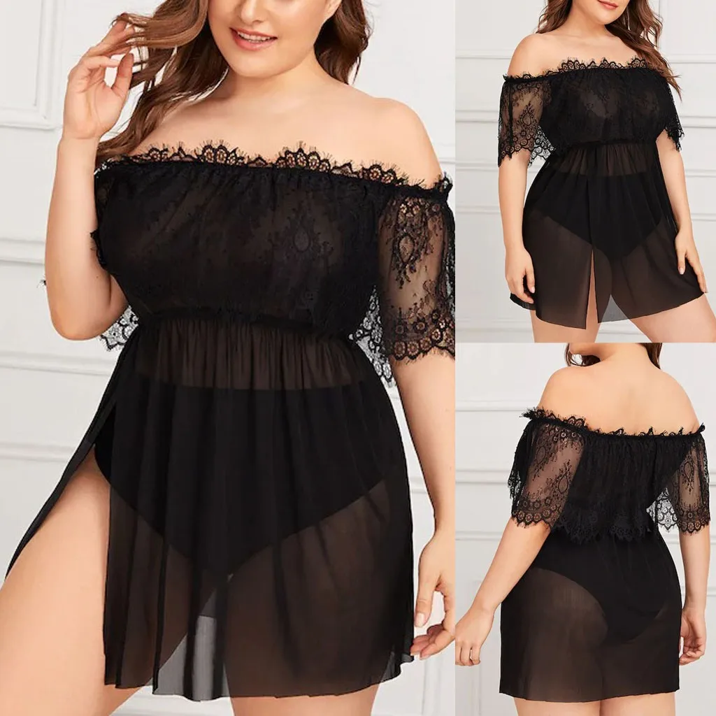 

Fashion Women Plus Size Lace Sheer Mesh Lingerie Off-Shoulder Nightdress 1XL-4XL