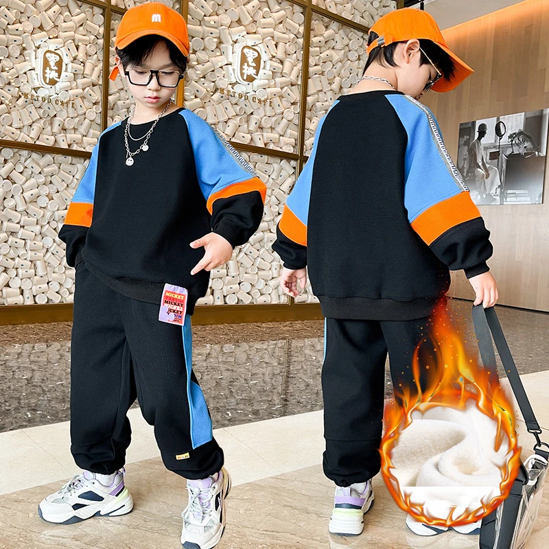 

Boys Winter Tracksuit Patchwork Casual Pullover Hoodies Sweatshirt Two Pieces Fleece Thicken Warm Sportswear Kids Clothing Set