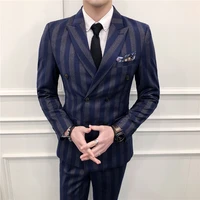 male double breasted striped suit british business formal terno masculino fashion three piece for wedding costume homme