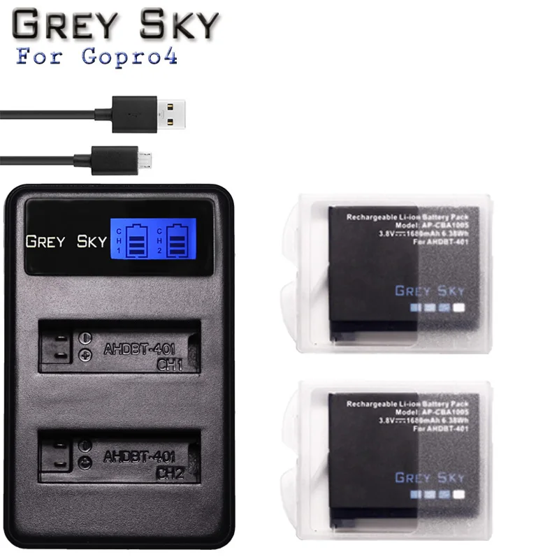 Charger and 2battery Для GoPro Hero4 Hero 4 батарея+ ЖК двойное зарядное устройство для go pro AHDBT-401 HERO4 черный серебряный Аксессуары для экшн-камеры - Цвет: Charger and 2battery