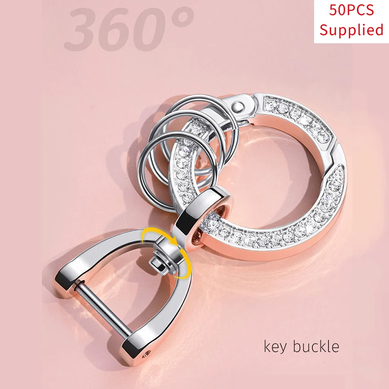 

50pcs Fashion Women 360 Degree Rotation Keychain High Quality Spring Stirrup Keyring Inlay Rhinestone Metal Connecting Buckle