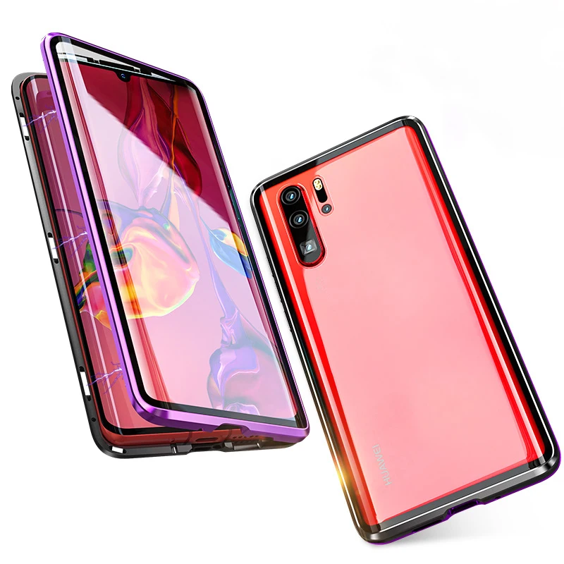 Роскошный магнитный металлический бампер, чехол для Huawei P30 Pro P20 Mate 20, покрытие 360 стекло, полный корпус, чехол для телефона Huawei P30, бронированный чехол P 30 - Цвет: Black Purple