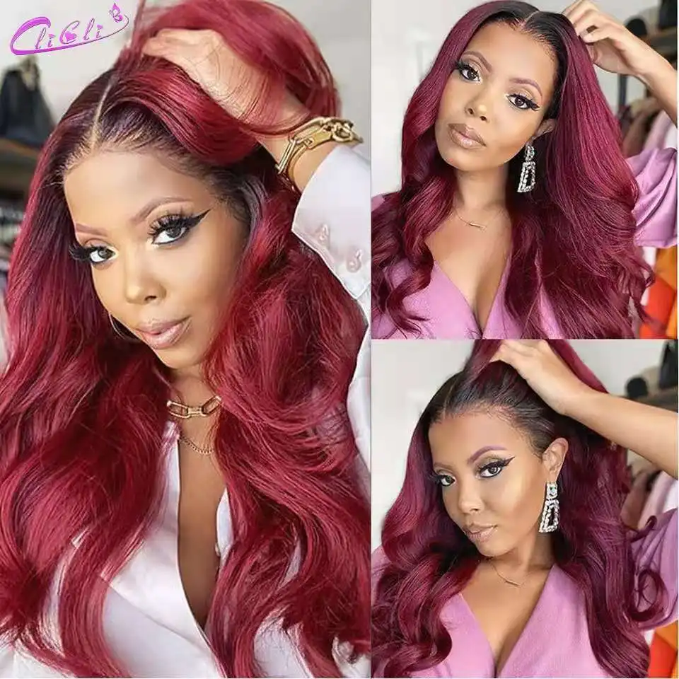 1B 99j Lace Front Wig Body Wave 4x4 Closure Wig Ombre Blonde Human Hair Wigs Pre Plucked 13x4 1B Burgundy Red Lace Frontal Wigs images - 6