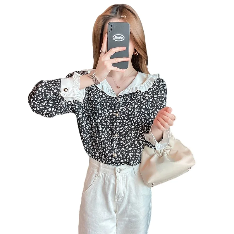 

COIGARSAM Vintage Full Sleeve Shirt Womens tops New Spring Floral Print Women shirts Black 725