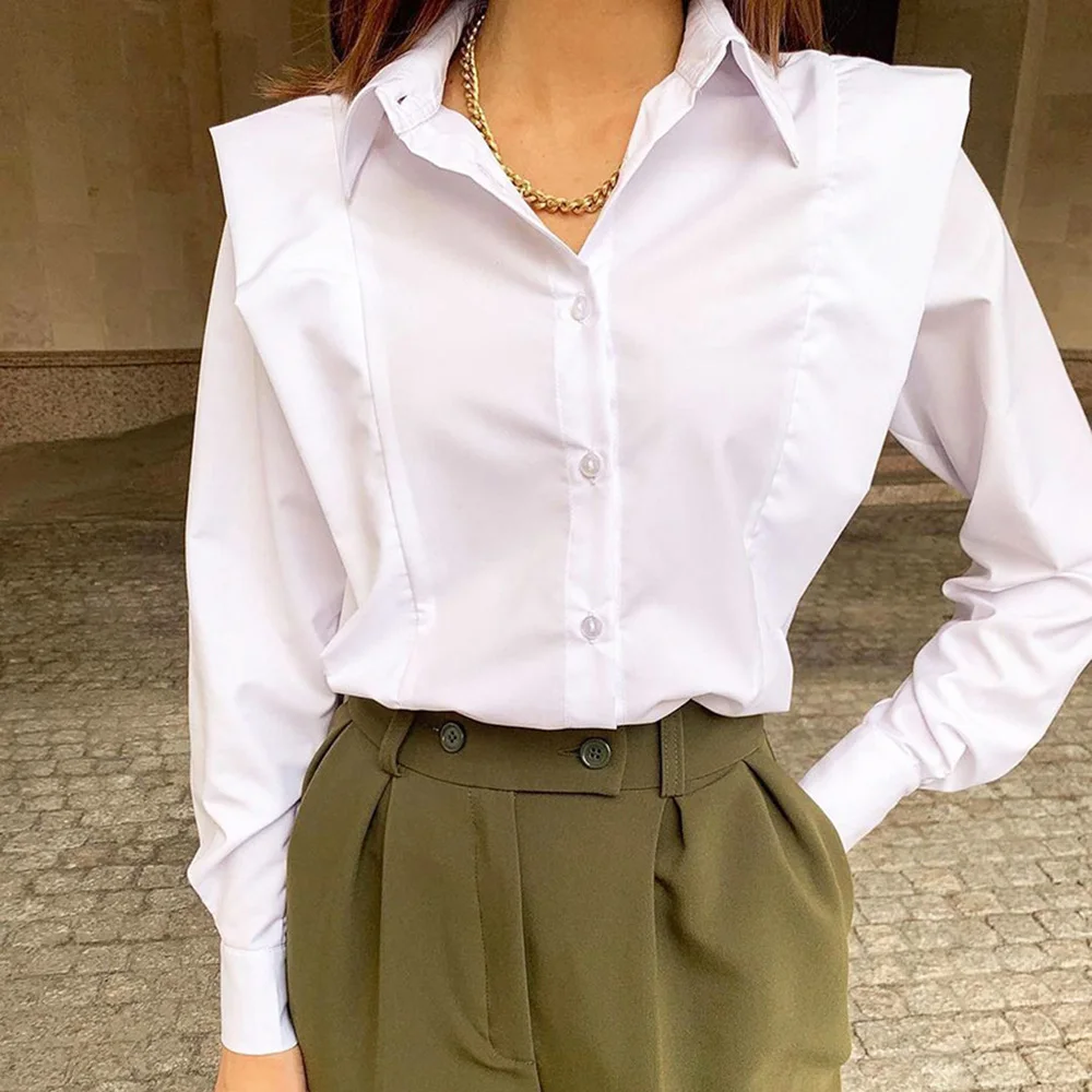 

Chic Patchwork Blouse Top Women 2021 Spring Elegant Office Lady White Solid Simple Work Wear Long Sleeves Female Shirt Blouse