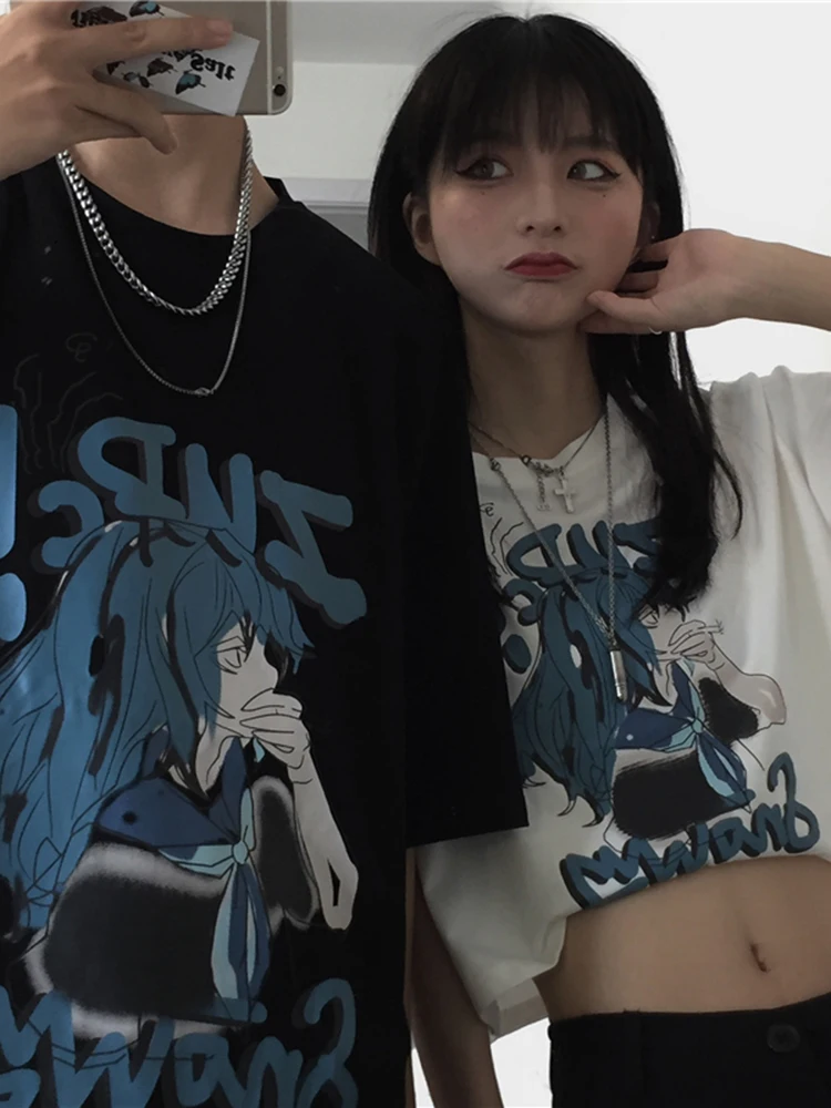 

Short Lovers T-shirt Men's Women's Cartoon Print T-shirt Summer New Harajuku BF Style Long Loose Round Neck Crop Tops For Women