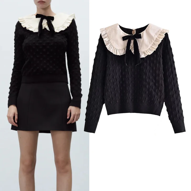 

Sweater Pullover 2021 New Fashion Slim Doll Collar Black Women Sweater Casual Chic Street Simple Sweet Youth Women Sweater