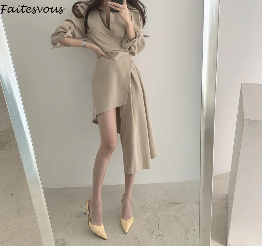 

Korean Chic Elegant Dress Women Retro Asymmetrical Polo Long Sleeve Dress Female 2021 New Spring Autumn