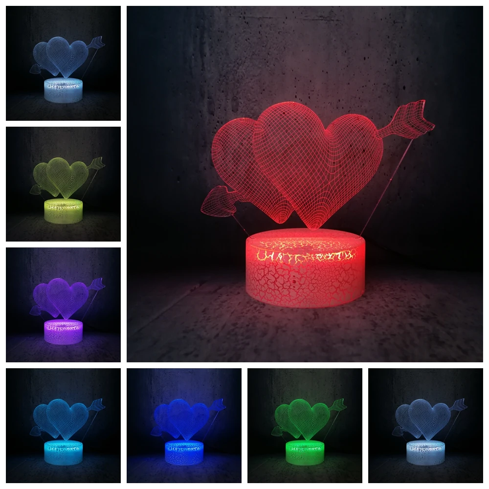 Романтическая любовь Купидон стрела через Двойное сердце 3D LED USB лампа Милая