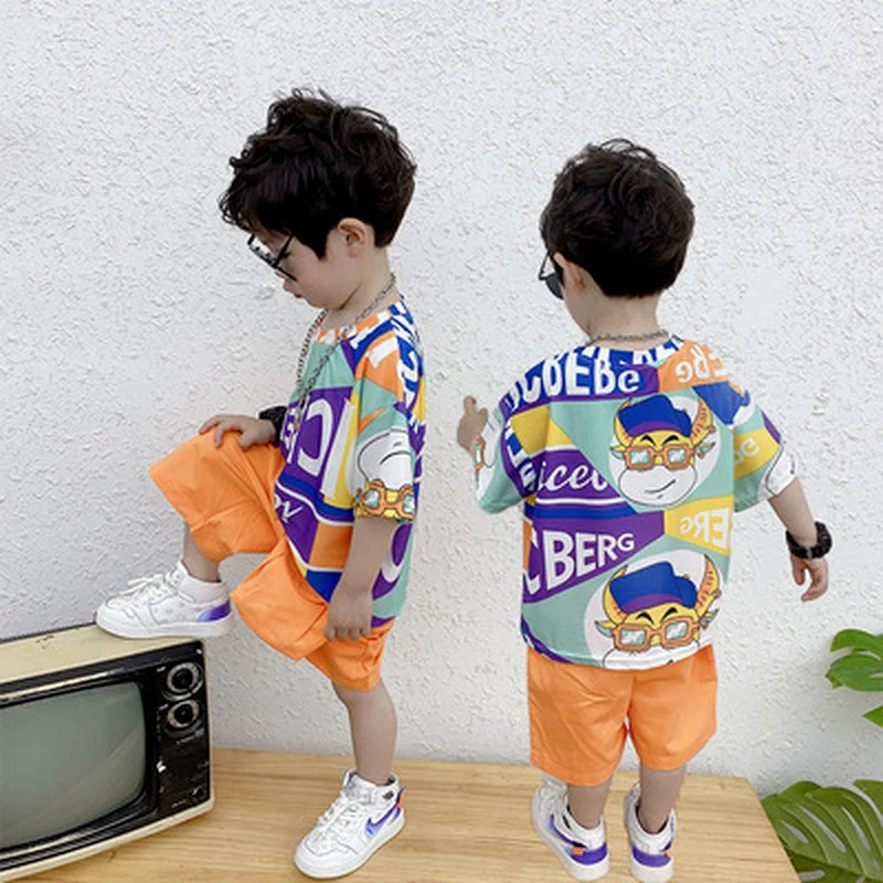 

Children's clothing boys summer new products 2021 fashion trend middle and small children graffiti short-sleeved two-piece suit