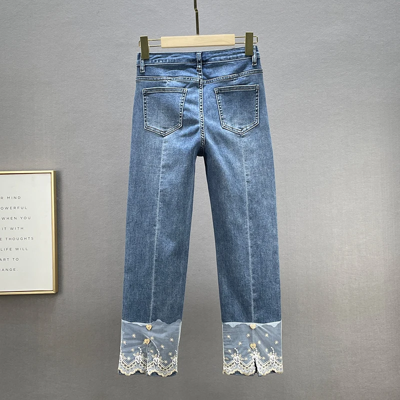 

2022 Spring New Stretchy Denim Trouser High Waist Slimming Lace Stitching Trousers Women Blue Jeans Fashion Straight-Leg Pants