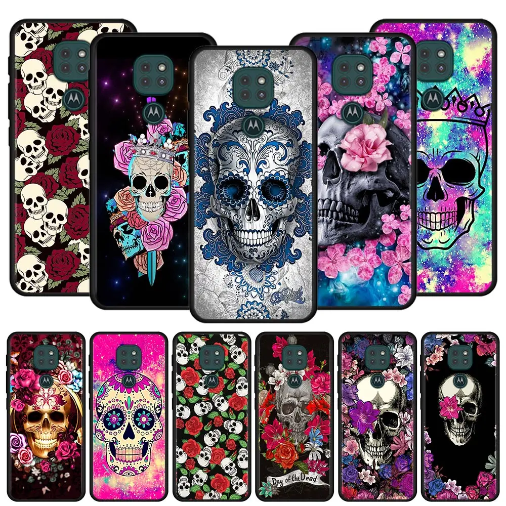 

For MOTOROLA One Fusion Case for Moto G10 G9 G8 Plus Play Power One G20 G30 G40 G50 G60 Edge 20 Phone Shell Retro Skull Flowers