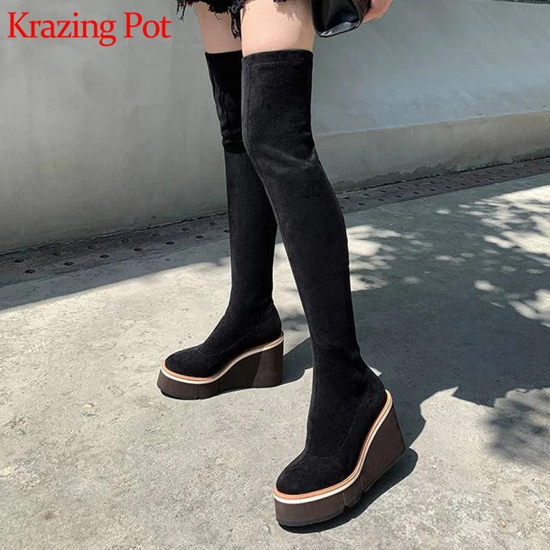 

Krazing pot flock round toe wedge waterproof preppy style stovepipe thick bottom extreme high heels over-the-knee boots L7f1