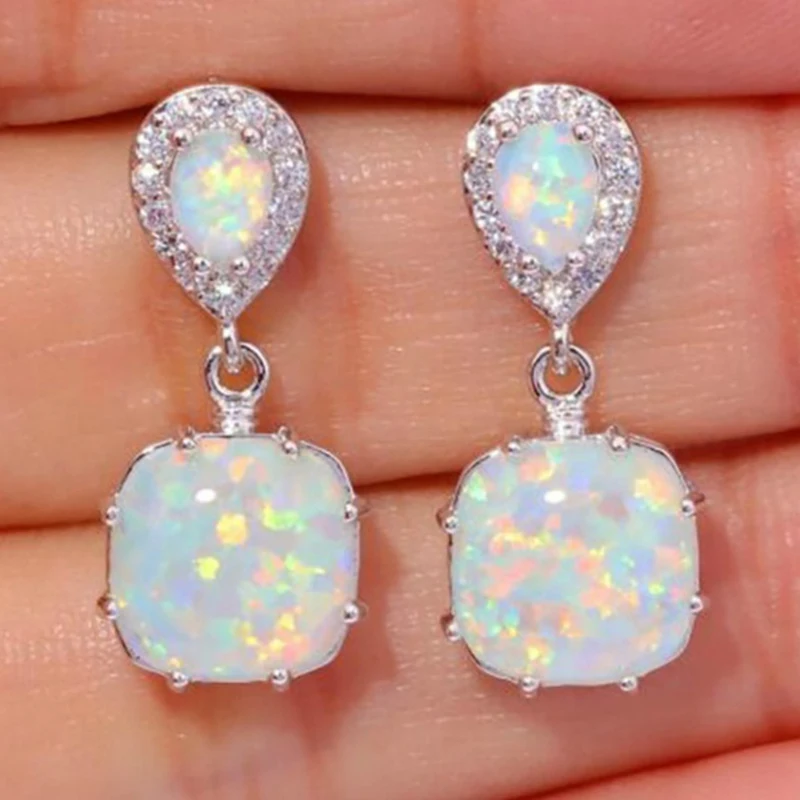 

Fashion Silver Color Wedding Earrings Vintage Female White Blue Opal Stud Earrings for Women Elegant Bride Geometric Jewelry