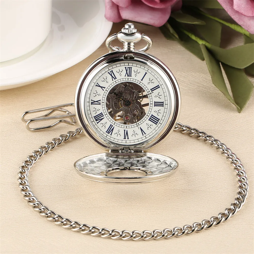 Classic Silver Mechanical Hand Wind Pocket Watch Roman Number FOB Pendant Chain Exquisite Pattern Half Hunter Pocket Timepiece