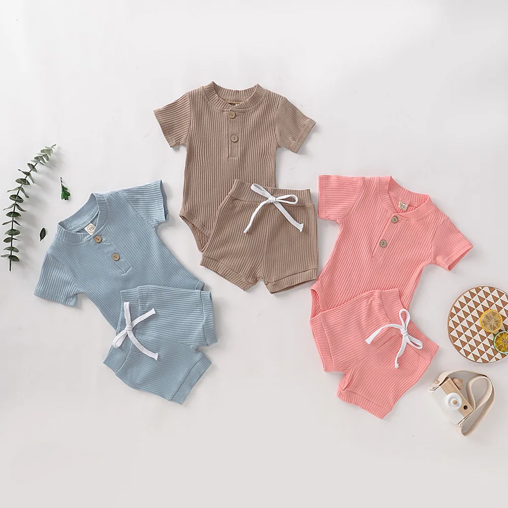 Summer Baby Clothes For Newborns Short Sleeve Solid color Bodysuits+Short Pants Fashion 2020 Toddler Clothing Boys Girls D40 | Детская
