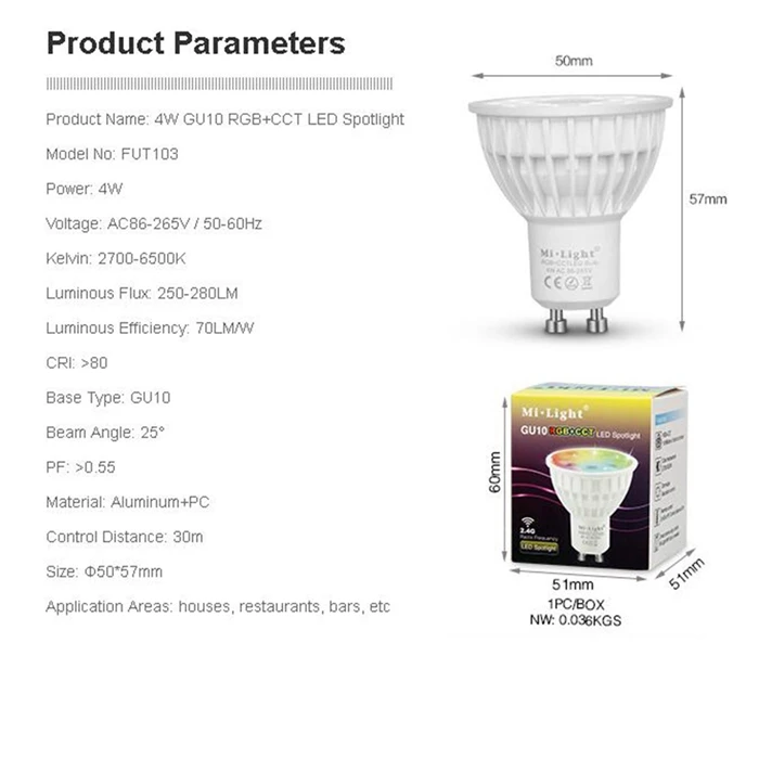 Приглушаемая Беспроводная лампа Mi light 2 4G умная Светодиодная GU10 E14 E27 4 Вт 5 6 9 RGBW RGBWW