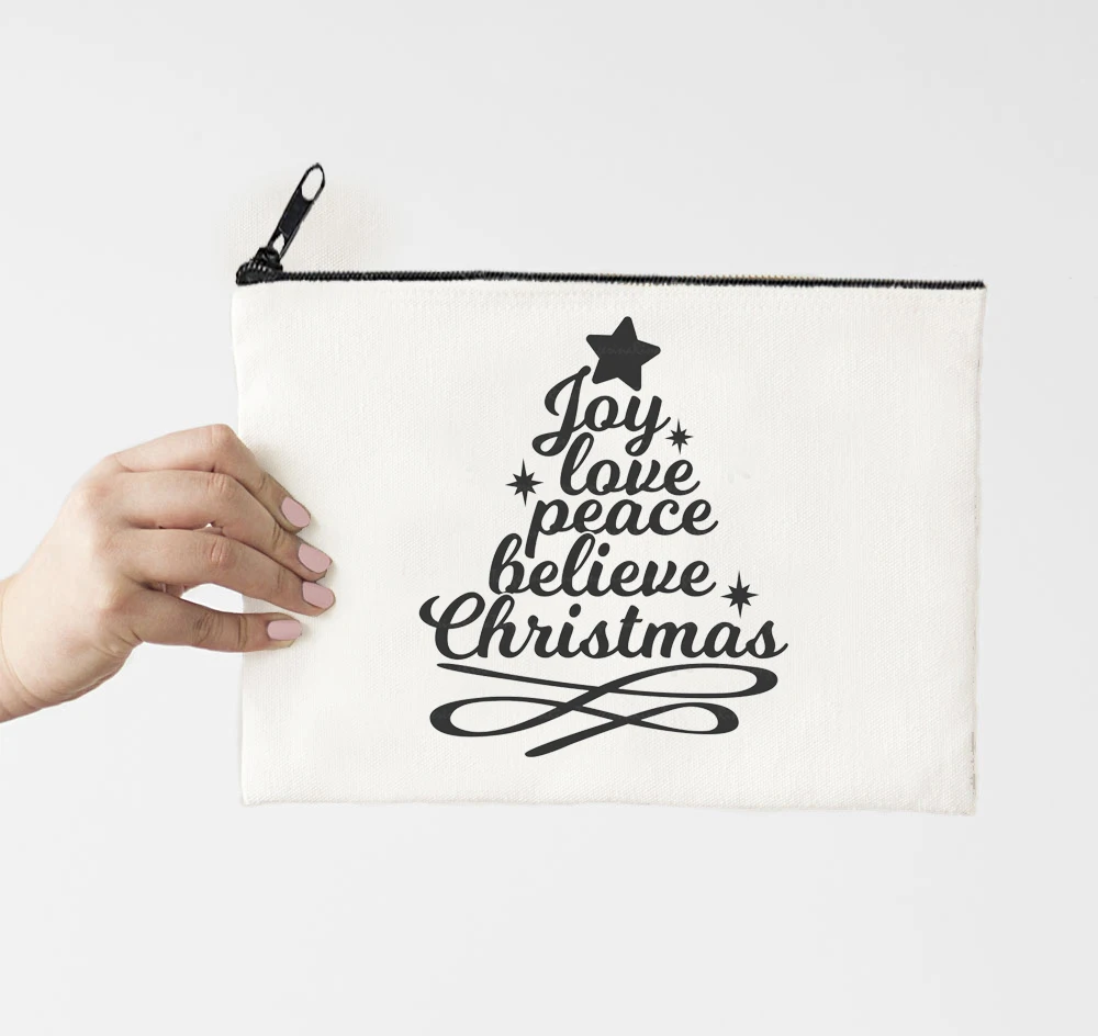 

Joy Love Peace Make Up Bag Merry Christmas Fashion Makeup Bags Canvas Christmas Tree Cosmetic Bag Anime Pencil Pouch Print