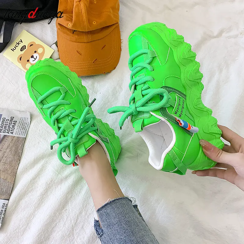 

2021 new women's thick-soled white green large size casual shoes women's thick-soled tennis chunky shoes 36-42
