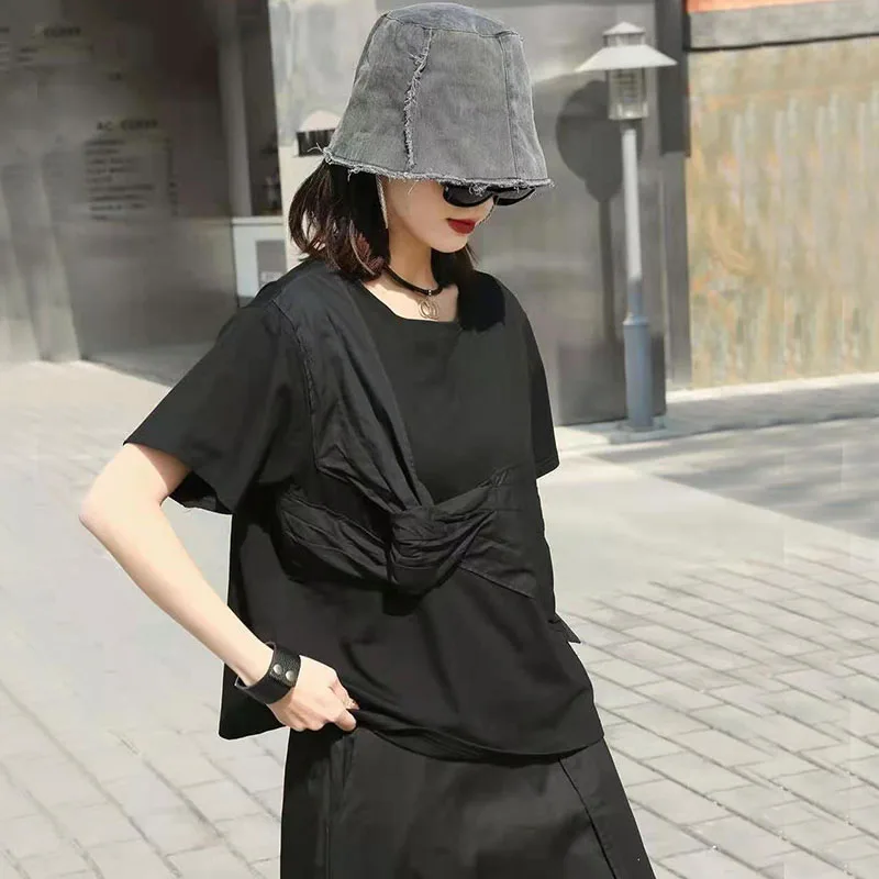 

XITAO Bow T Shirt Fashion New Women Patchwork Pullover Goddess Fan Casual Loose 2021 Spring Autumn Loose Pleated Tee ZY5921