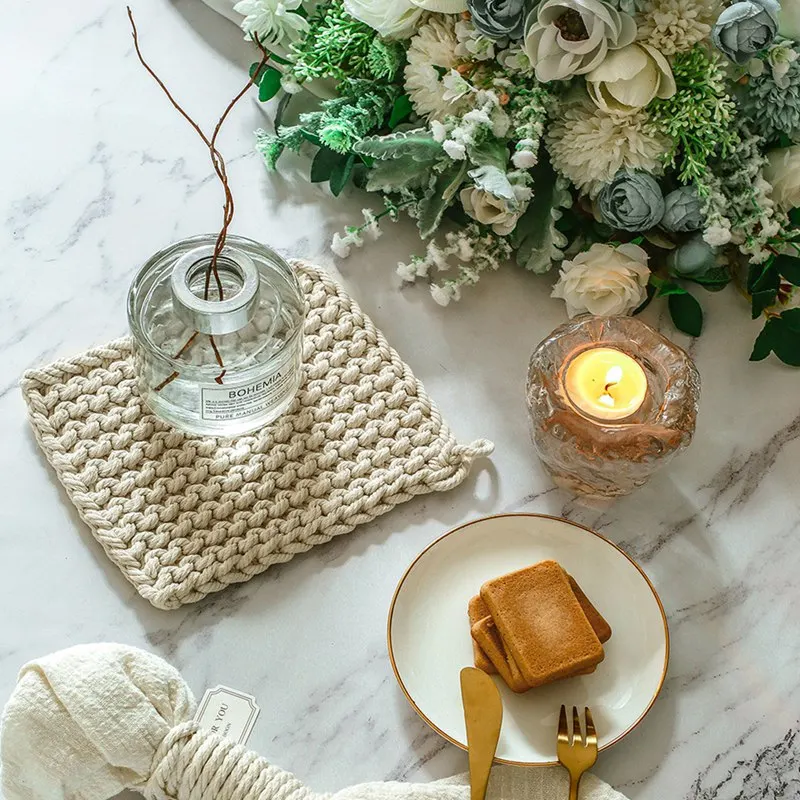 

Cotton Braid Rectangle Cup Mat Table Placemat Bohemian Handmade Woven Restaurant