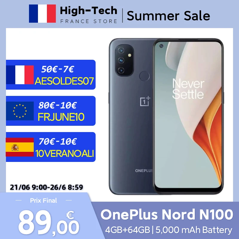 Смартфон OnePlus Nord N100 4 + 64 ГБ Snapdragon 460 90 Гц 6 52 дюйма тройная камера 13 МП аккумулятор 5000