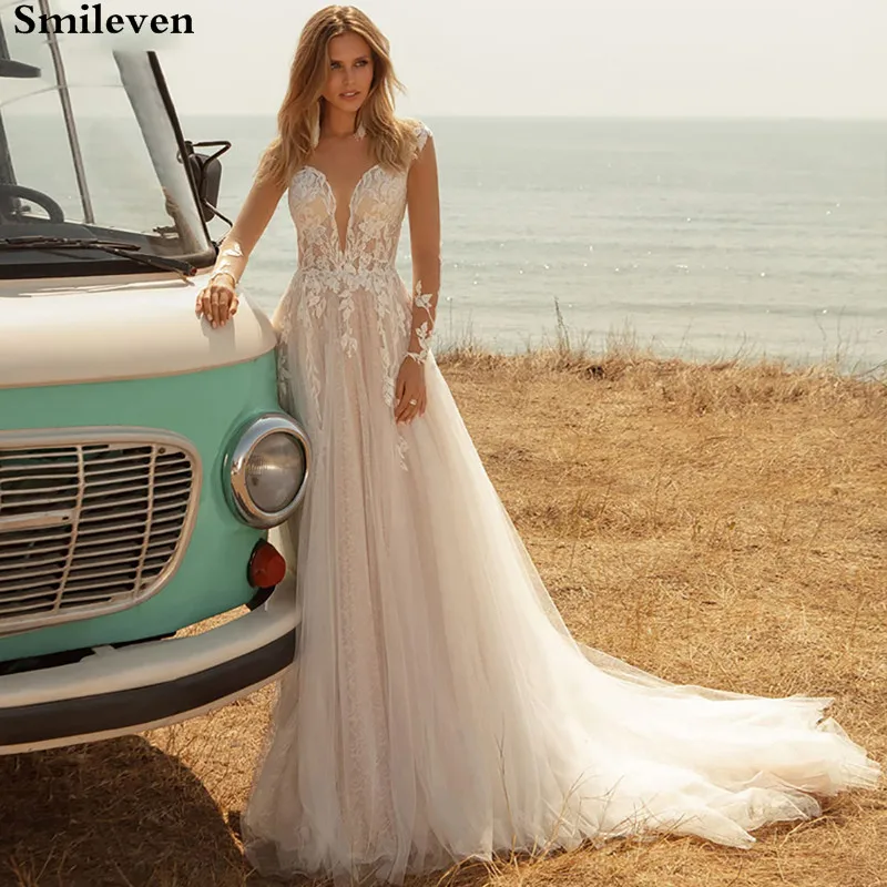 Смайловое свадебное платье принцессы с длинным рукавом Кружевное Свадебное