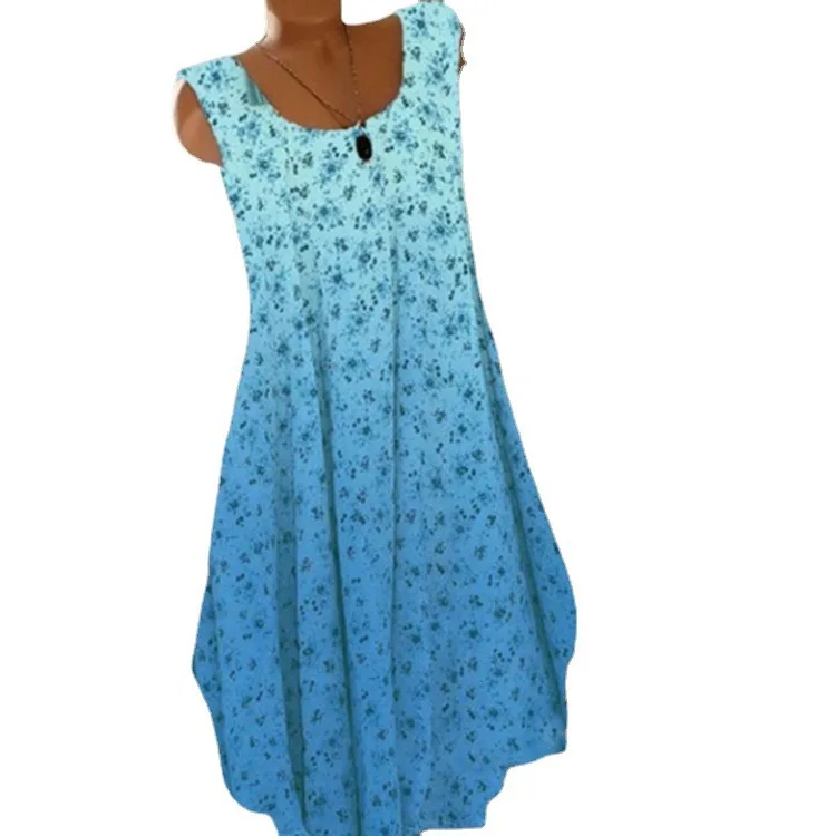 

Summer Women's Round Neck Sleeveless Printed Vest Dress Vintage Floral Print O Neck A-Line Loose Female Dress Vestidos