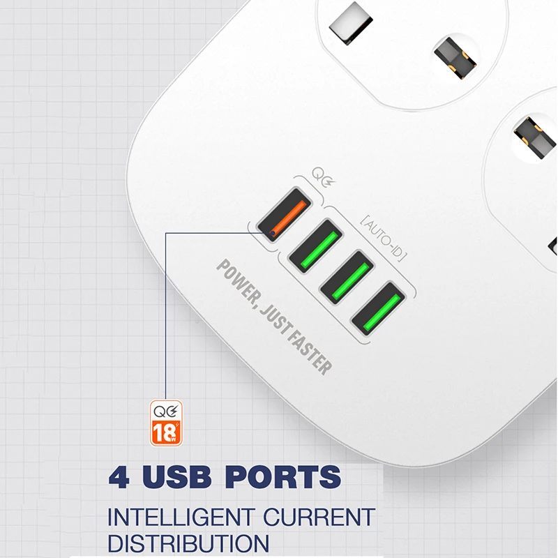 UK Power Strip Защита от перенапряжения с 4 выходами + 3 Смарт USB 18 Вт Быстрая зарядка 0