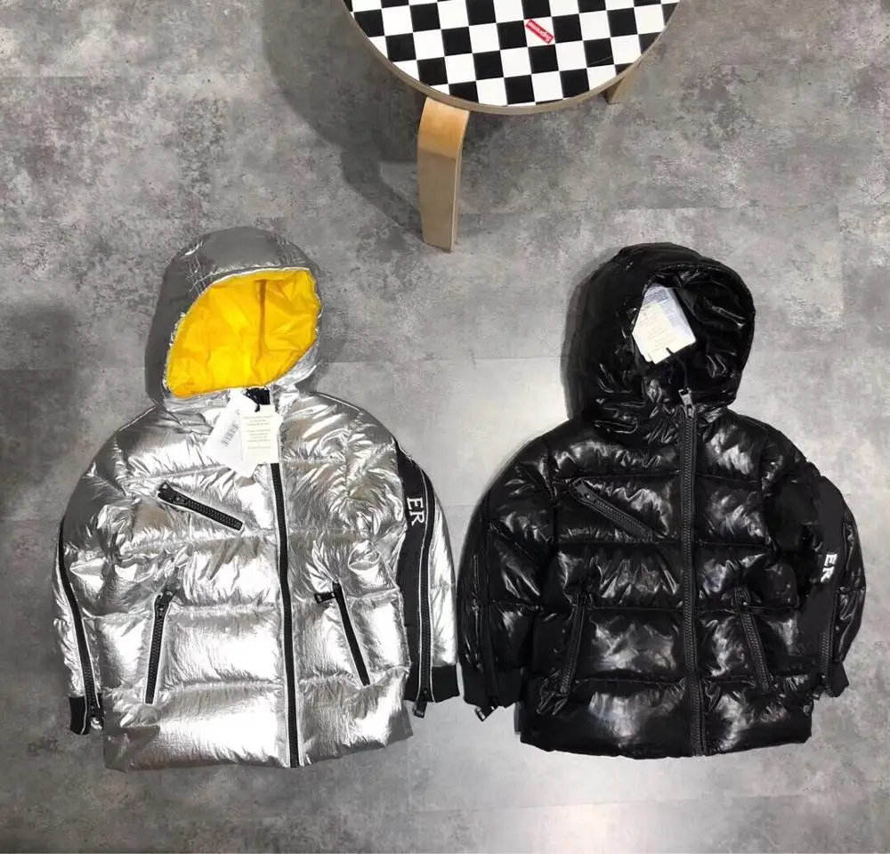 Children's Silver Black Down Jackets Winter Winterproof Girls Hooded 90% Embroidery Letters Boys puffy Coats | Детская одежда и