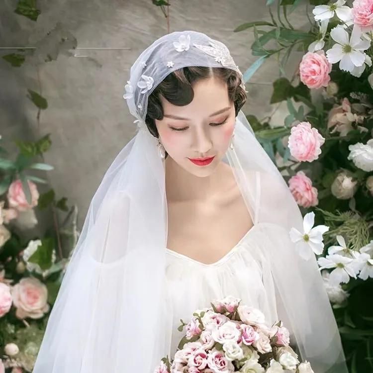 Super fairy sweet handmade sequin veil wedding styling three-dimensional flower beautiful photo accessories |