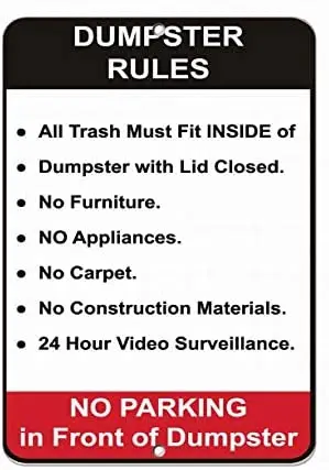 

Dumpster Rules Security Sign 8x12 Tin Metal Signs